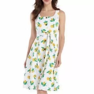 NWT Lemon Print Button-Front Midi Dress – Sleeveless A-Line with Tie Waist